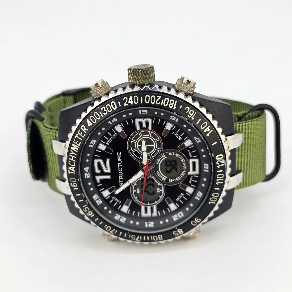 Structure Men's Watch 51MM Analog Digital‎ Dial New Green Nylon Band New Battery